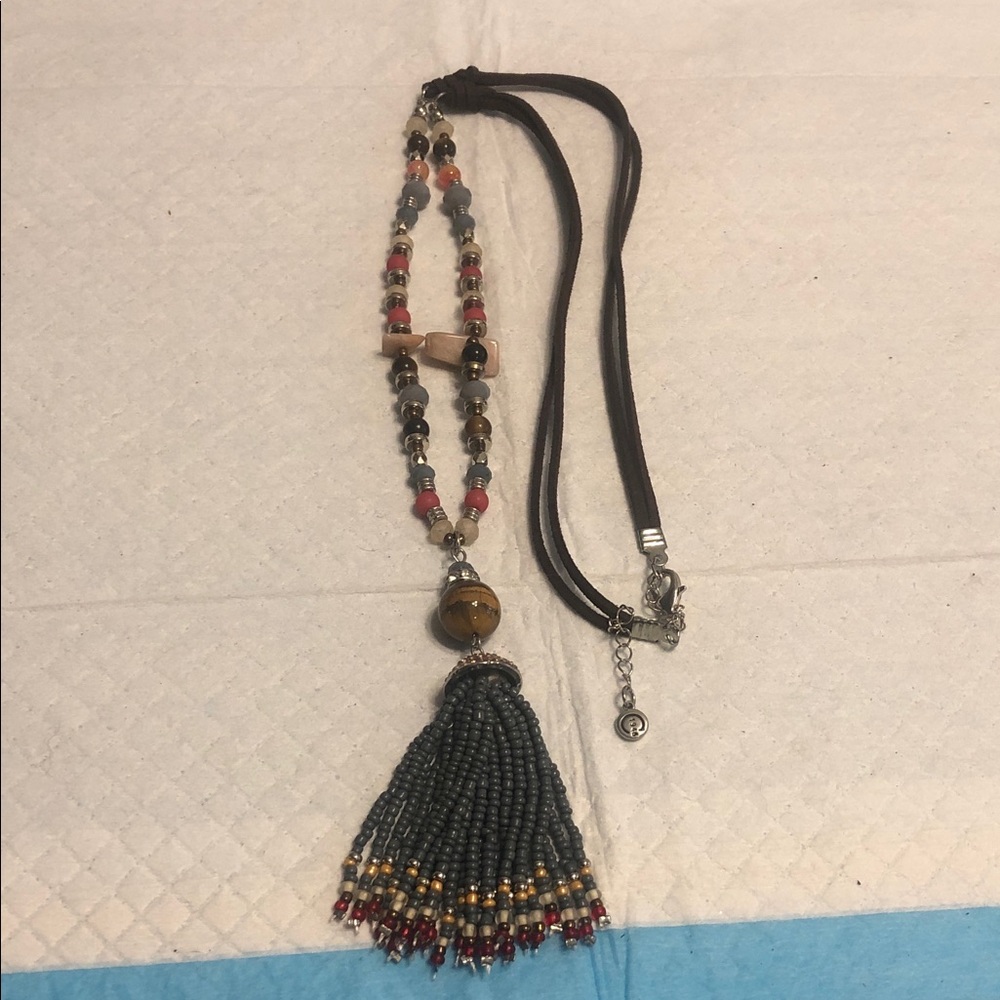 Boho Beaded Tassel Necklace in Coral, Gray & Gold